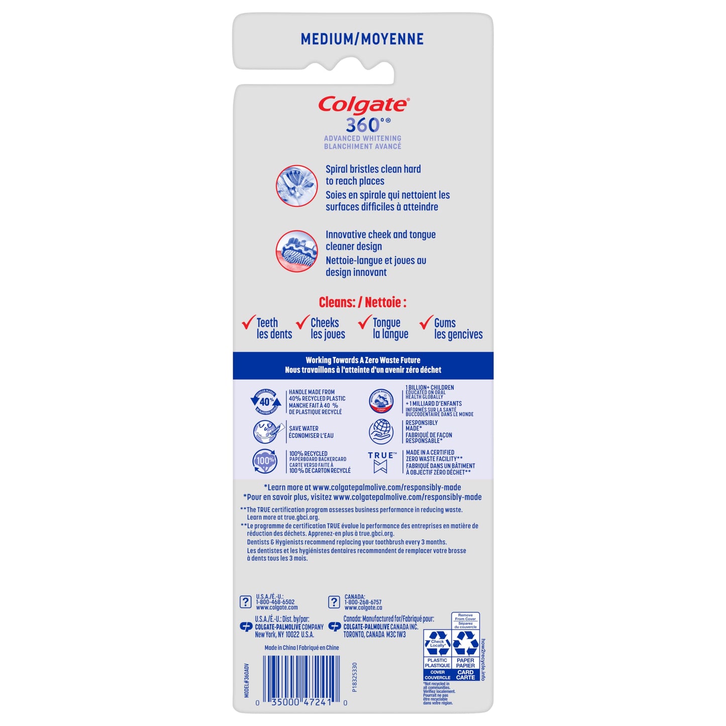 Colgate 360 Advanced Optic White Whitening Toothbrush with Tongue Cleaner, medium, 4 Count