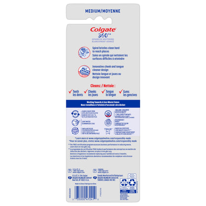 Colgate 360 Advanced Optic White Whitening Toothbrush with Tongue Cleaner, medium, 4 Count