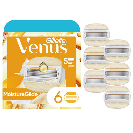 Venus MoistureGlide Women's Razor Blades, With Built-in Shave Gel Bars, 6 Razor Blade Refills
