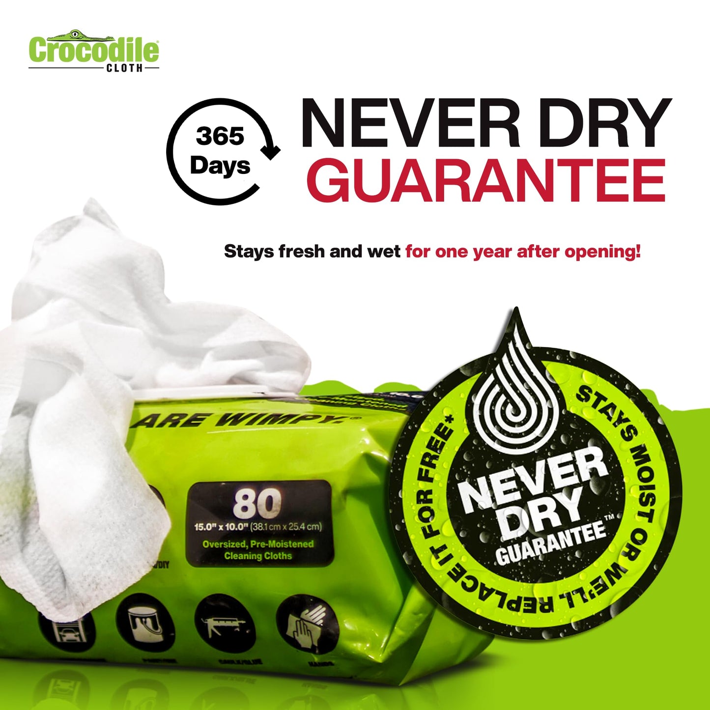 Crocodile Cloth PowerScrub - 80 Dual Surfaced Cloths, 10in X 15in. Large, Moist, Absorbent and Disposable Cleaning Cloths. Safe on Skin and Multiple Surfaces. (6500-080)