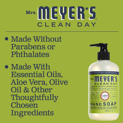 MRS. MEYER'S CLEAN DAY Liquid Hand Soap, Cruelty-Free, and Biodegradable Hand Wash Made with Essential Oils, Lemon Verbena Scent, 12.5 Oz (Pack of 3)