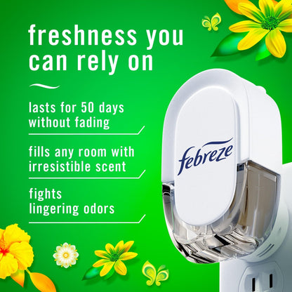 Febreze Plug In Air Freshener, Odor-Fighting Scented Oil Starter Kit, Air Fresheners for Home and Bathroom and Kitchen, Long Lasting for Strong Odors, Gain Original Scent, Warmer + 2 Refill