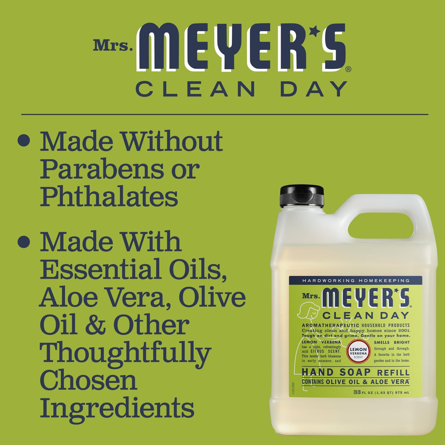 MRS. MEYER'S CLEAN DAY Liquid Hand Soap Refill, Cruelty Free and Biodegradable Formula, Lemon Verbena Scent, 33 oz