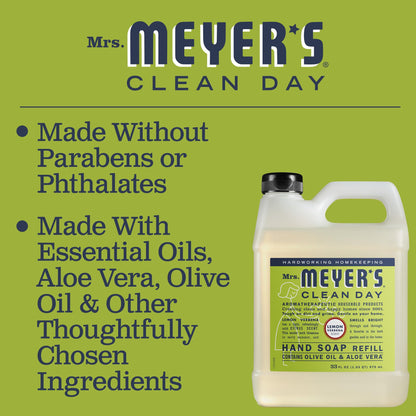 MRS. MEYER'S CLEAN DAY Liquid Hand Soap Refill, Cruelty Free and Biodegradable Formula, Lemon Verbena Scent, 33 oz