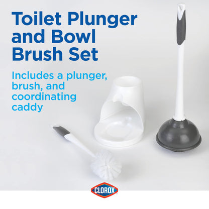 Clorox Toilet Bowl Brush & Plunger Combo Set with Storage Caddy - Toilet Plunger for Bathroom, Bathroom Organizers & Storage, Bathroom Accessories, Toilet Unclogger, Long Handled Toilet Brush