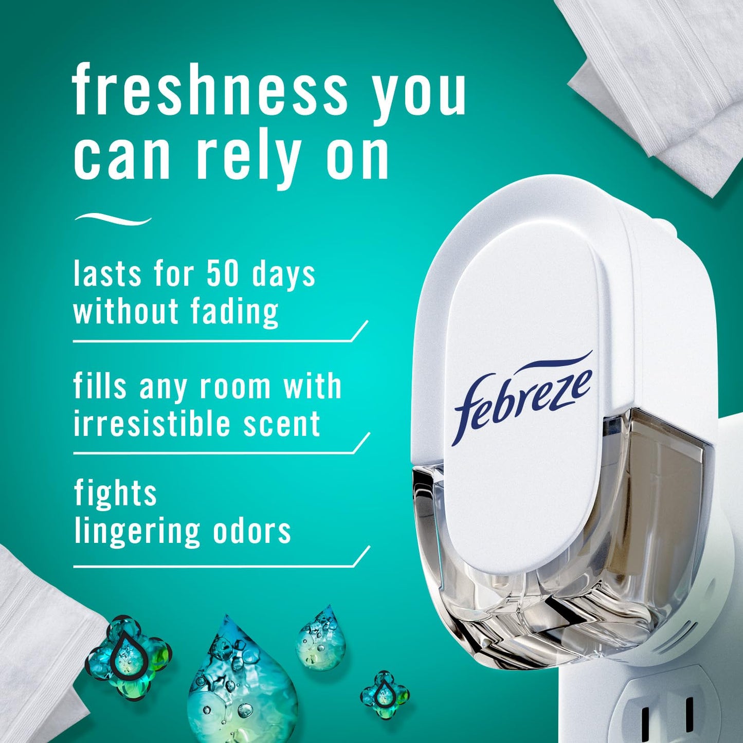 Febreze Plug In Air Freshener, Odor-Fighting Scented Oil Starter Kit, Air Fresheners for Home and Bathroom and Kitchen, Long Lasting for Strong Odors, UnStopables Fresh Scent, Warmer + 2 Refill