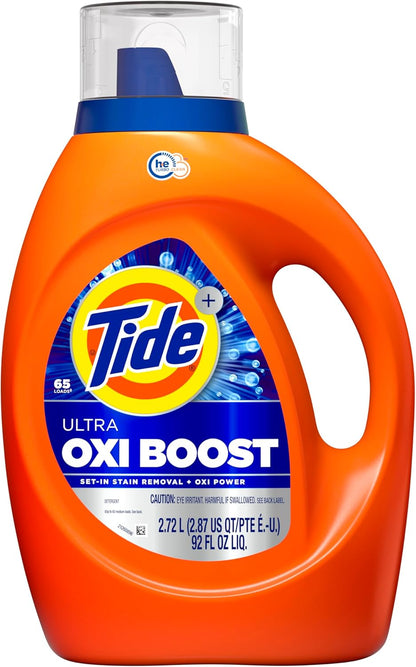 Tide Ultra Oxi Boost Liquid Laundry Detergent, 92 fl oz, 65 Loads, Advanced Stain Remover, Laundry Detergent Liquid with Extra Oxi Power