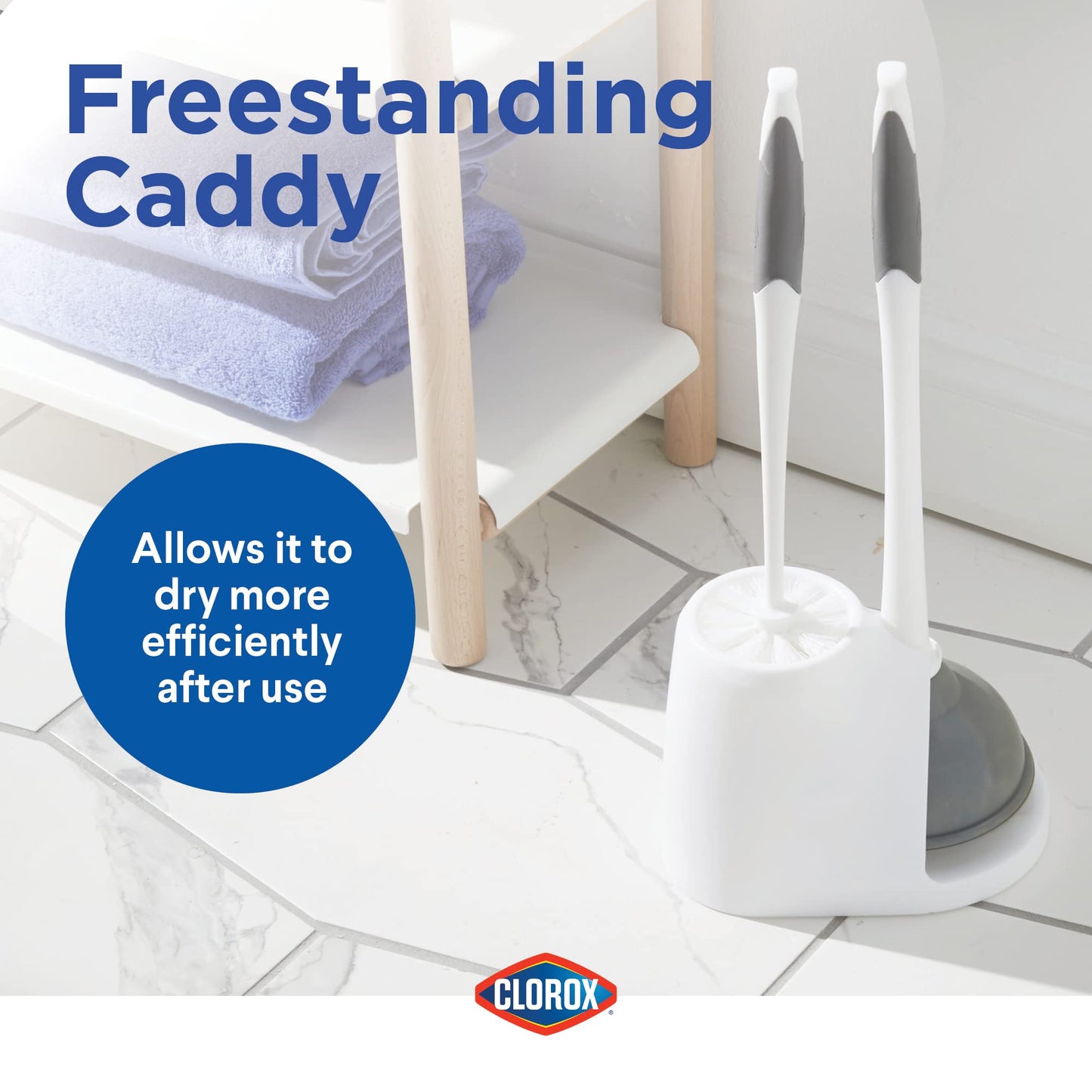 Clorox Toilet Bowl Brush & Plunger Combo Set with Storage Caddy - Toilet Plunger for Bathroom, Bathroom Organizers & Storage, Bathroom Accessories, Toilet Unclogger, Long Handled Toilet Brush