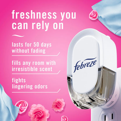 Febreze Plug In Air Freshener, Odor-Fighting Scented Oil Starter Kit, Air Fresheners for Home and Bathroom and Kitchen, Long Lasting for Strong Odors, Downy April Fresh Scent, Warmer + 2 Refill