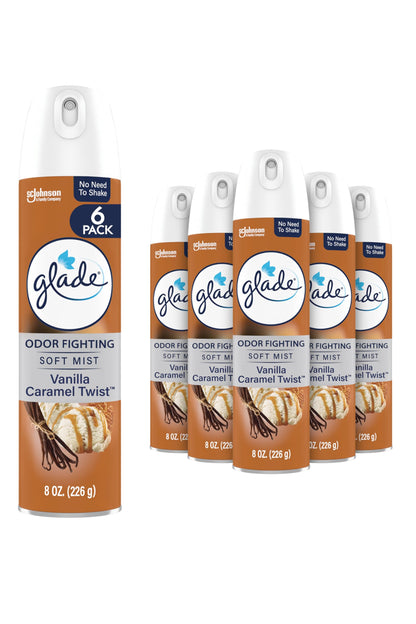 Glade Air Freshener Room Spray, Vanilla Caramel Twist Scent, Odor Fighting to Deliver Long Lasting Freshness, 8 Oz, 6 Count