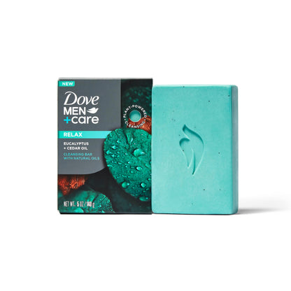 DOVE MEN + CARE Cleansing Bar Soap Eucalyptus + Cedar Oil 4 Count to Rebuild Skin in the Shower, a 4in1 Hair, Body, Face & Shaving Bar with Plant-Based Cleanser and Natural Oils 5 oz
