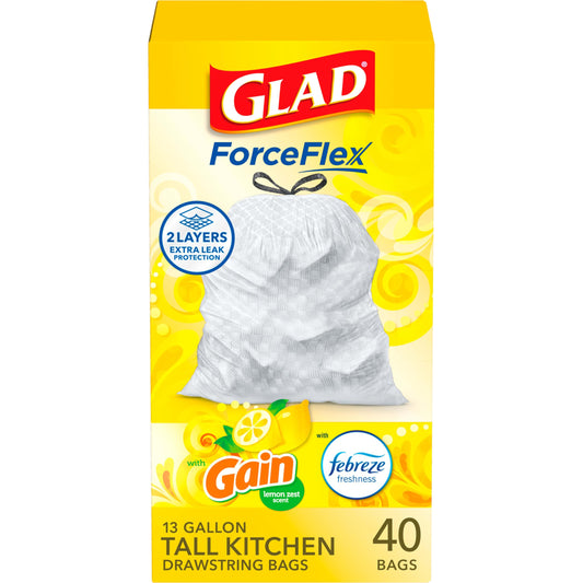 Glad ForceFlex Tall Kitchen Drawstring Trash Bags, 13 Gal, Gain Lemon Zest, 40 Ct (Package May Vary)