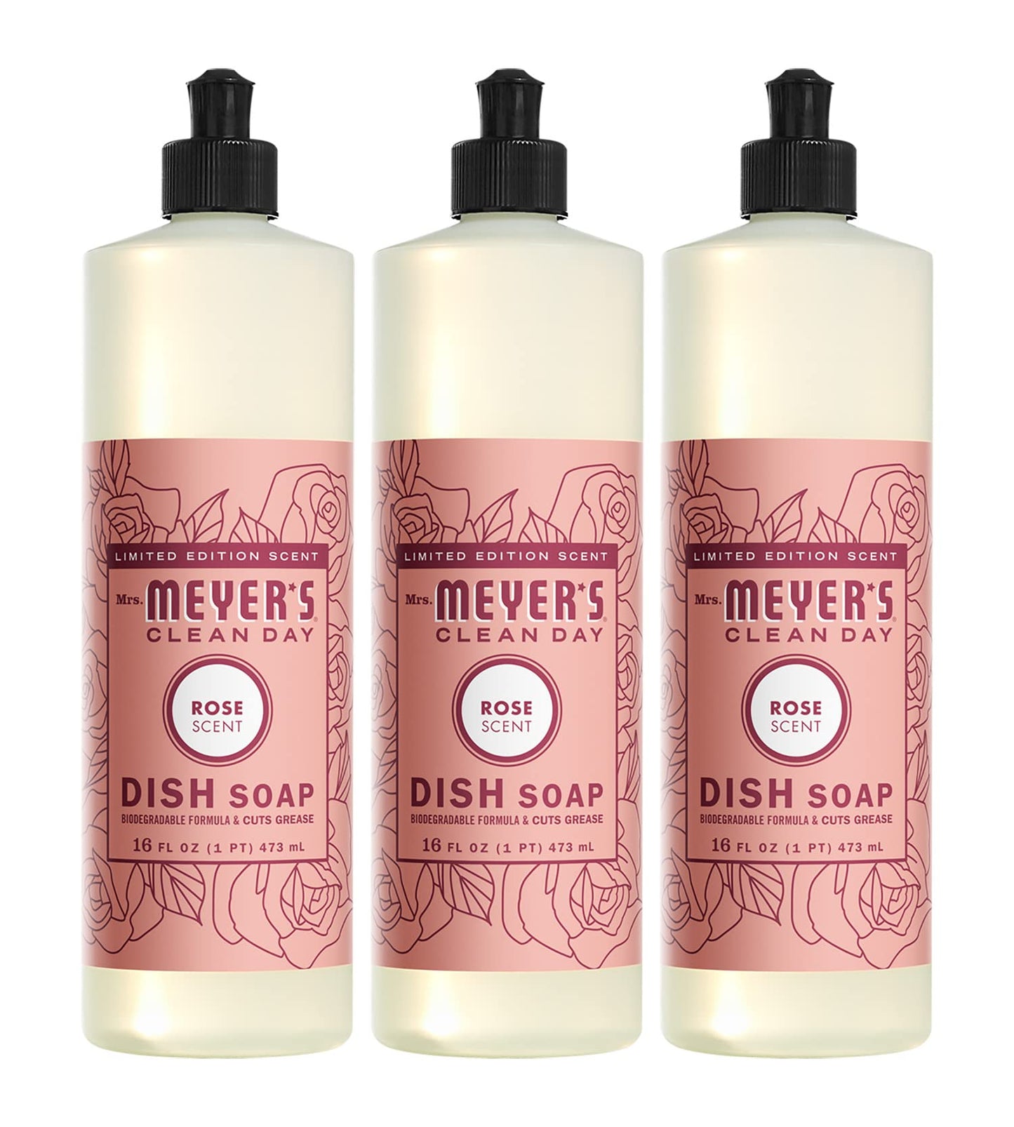MRS. MEYER'S CLEAN DAY Liquid Dish Soap, Biodegradable Formula, Limited Edition Rose, 16 fl. oz - Pack of 3