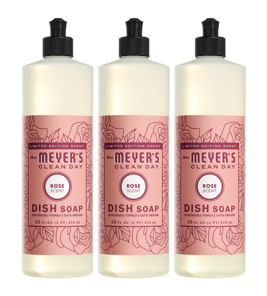 MRS. MEYER'S CLEAN DAY Liquid Dish Soap, Biodegradable Formula, Limited Edition Rose, 16 fl. oz - Pack of 3