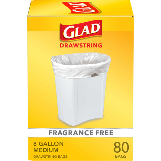 Glad Trash Bags, Medium Drawstring Garbage Bags, 8 Gallon, White, Fragrance Free, 80 Count, Pack May Vary