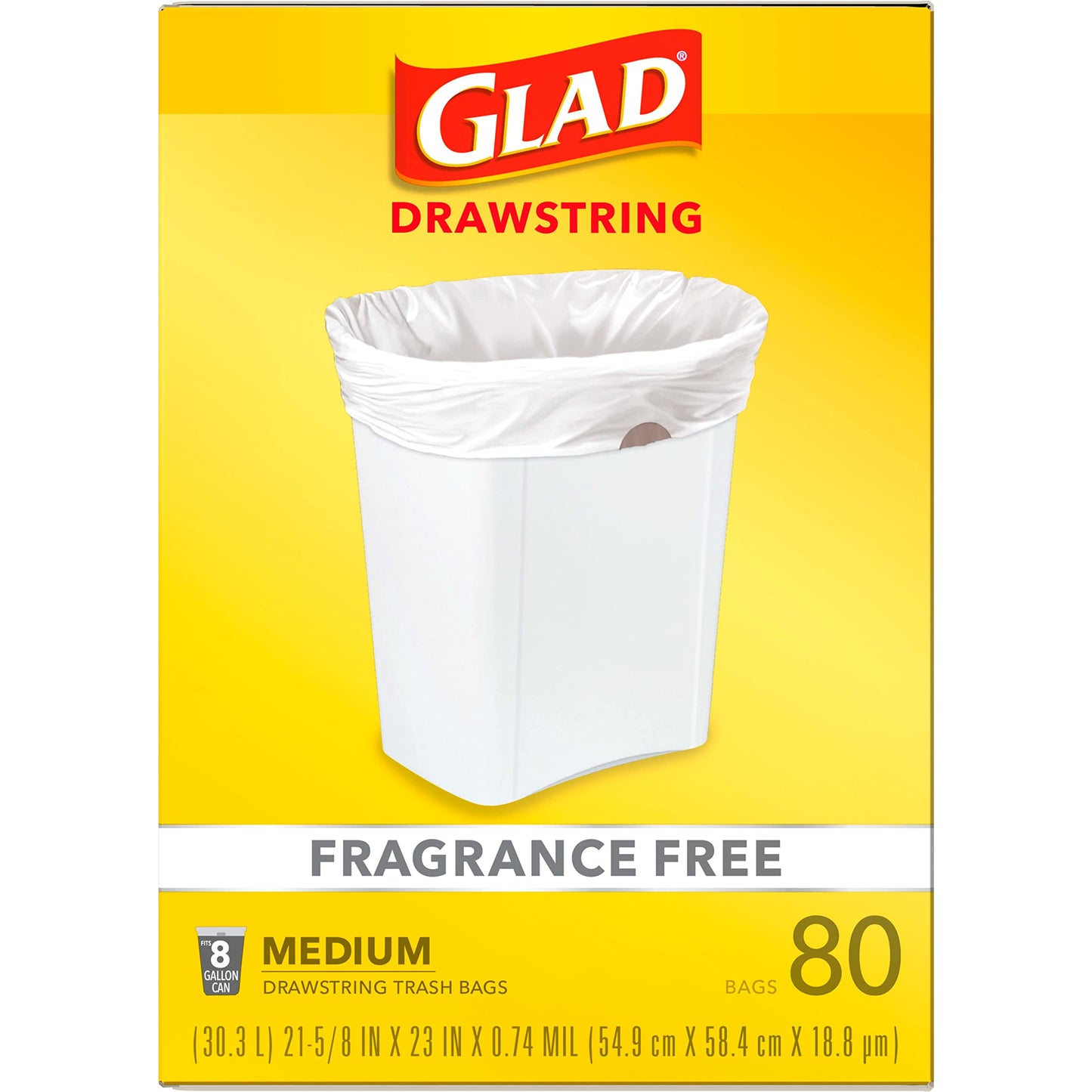 Glad Trash Bags, Medium Drawstring Garbage Bags, 8 Gallon, White, Fragrance Free, 80 Count, Pack May Vary