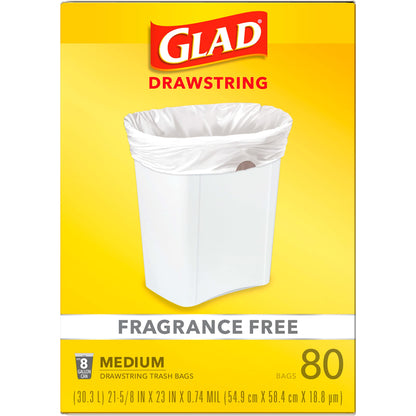 Glad Trash Bags, Medium Drawstring Garbage Bags, 8 Gallon, White, Fragrance Free, 80 Count, Pack May Vary