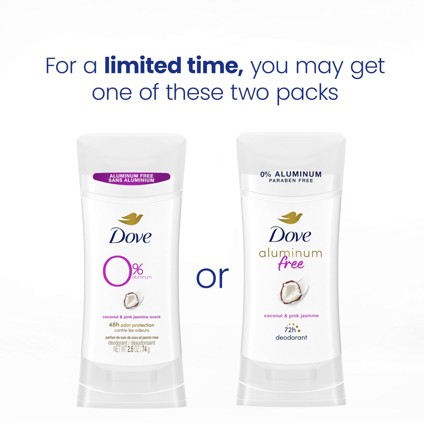 Dove Aluminum Free Deodorant for Women 3 Count Coconut and Pink Jasmine 72 hour odor protection 2.6 oz