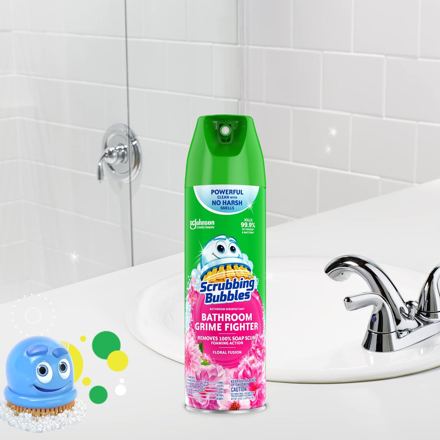 Scrubbing Bubbles Bathroom and Shower Cleaner Disinfectant Aerosol, Foaming Action Bathroom Grime Fighter, Floral Fusion Scent, 20oz