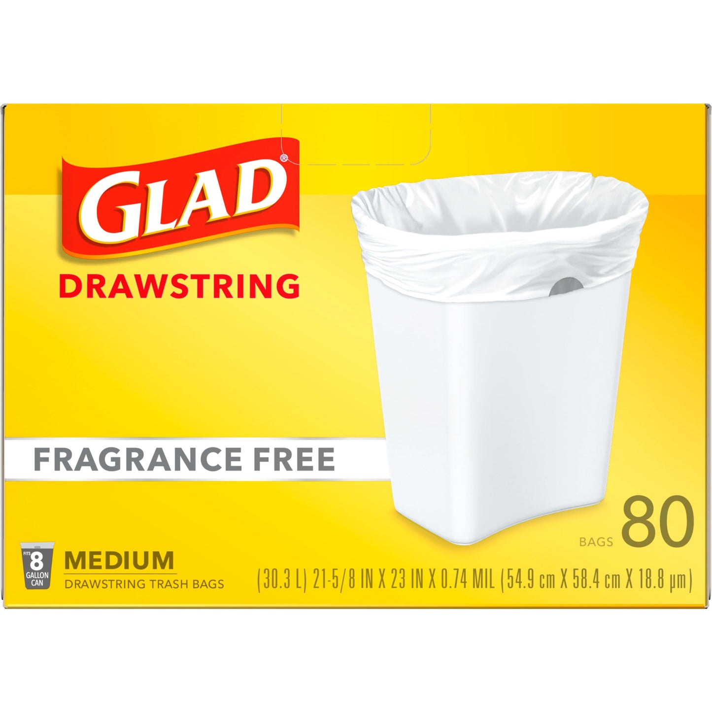 Glad Trash Bags, Medium Drawstring Garbage Bags, 8 Gallon, White, Fragrance Free, 80 Count, Pack May Vary