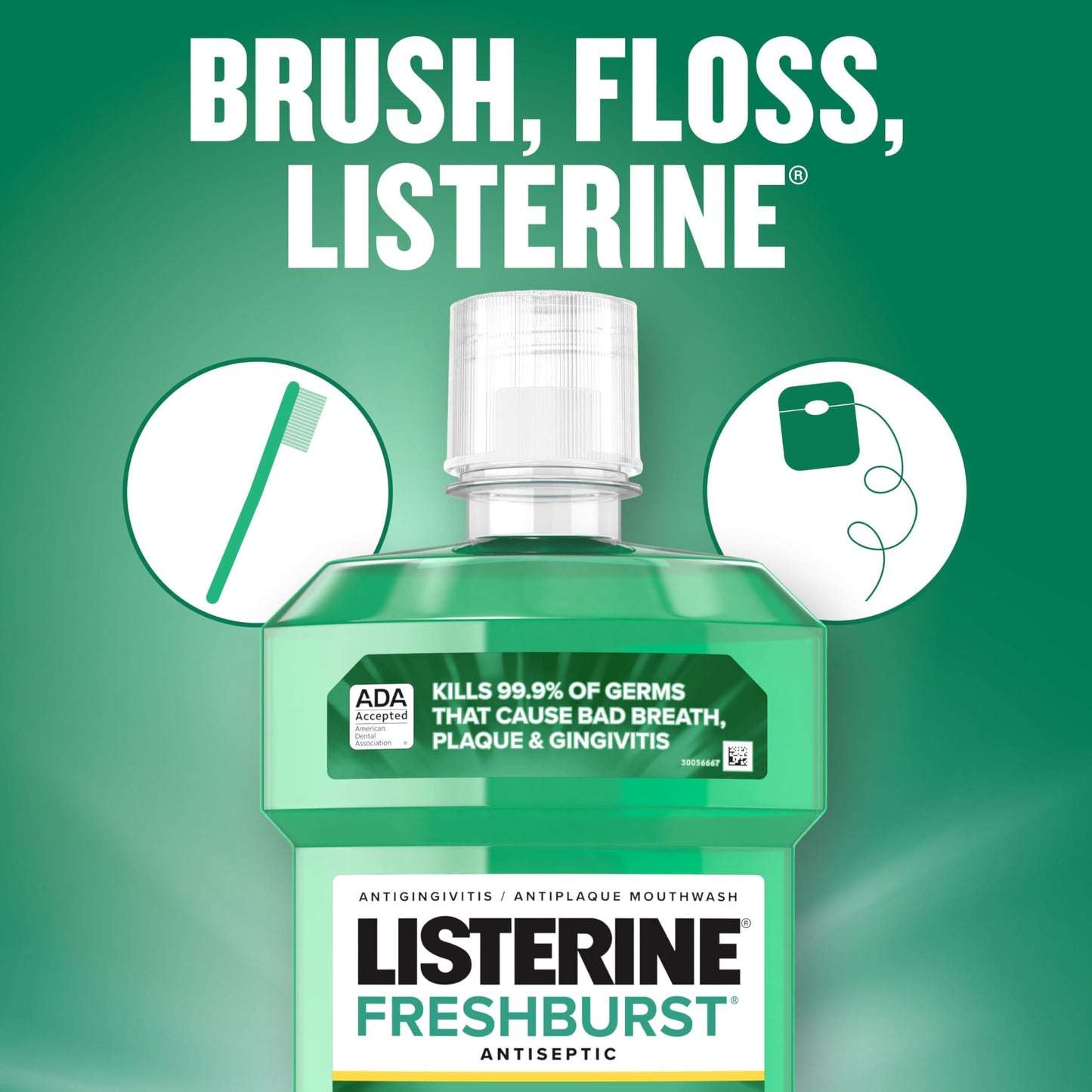 Listerine Freshburst Antiseptic Mouthwash for Bad Breath, Kills 99% of Germs That Cause Bad Breath & Fight Plaque & Gingivitis, ADA Accepted Mouthwash, Spearmint, 500 mL