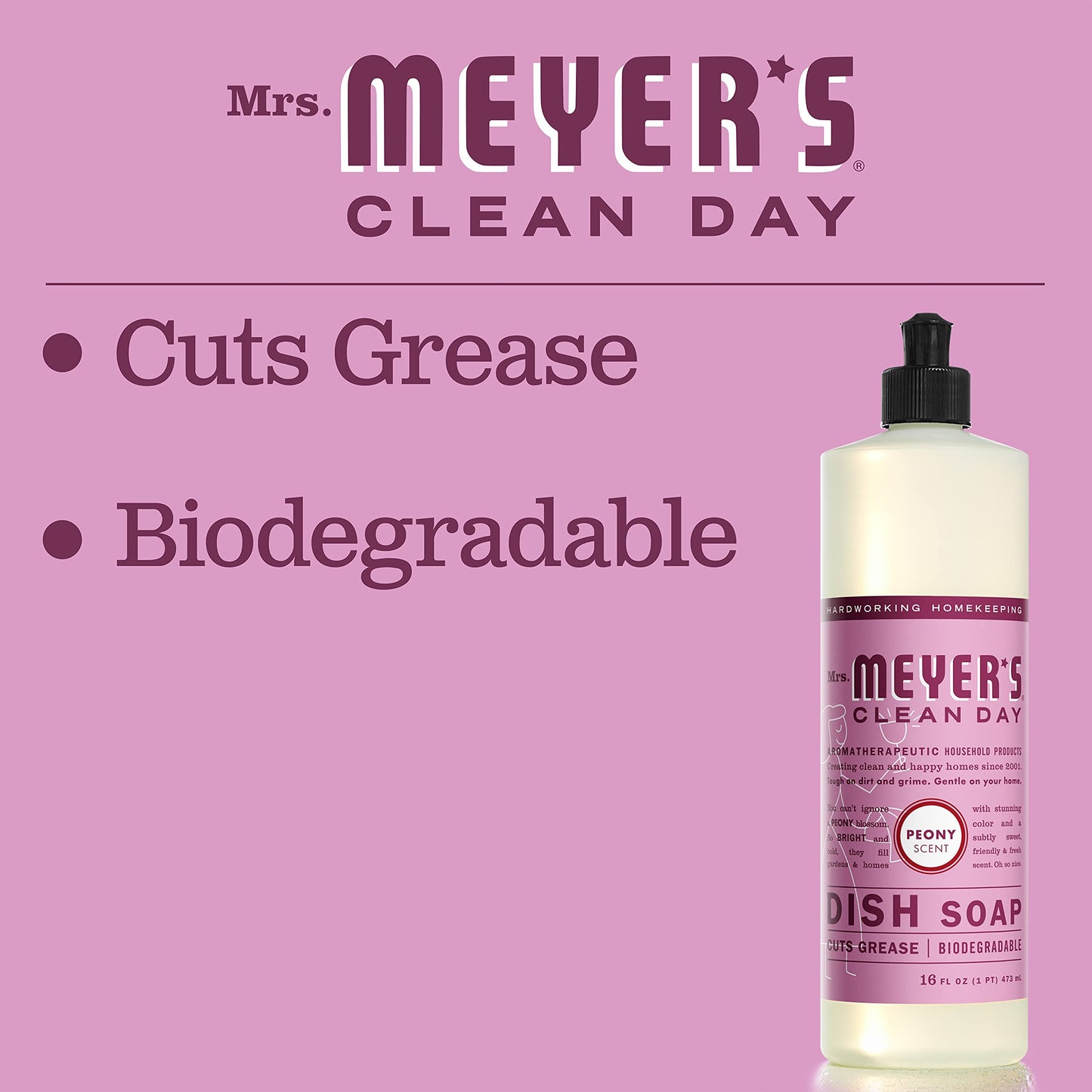 MRS. MEYER'S CLEAN DAY Liquid Dish Soap, Biodegradable Formula, Peony, 16 Fl. Oz - Pack of 3
