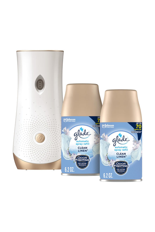 Glade Automatic Spray Refill and Holder Kit, Air Freshener for Home and Bathroom, Clean Linen, 6.2 Oz, 2 Count