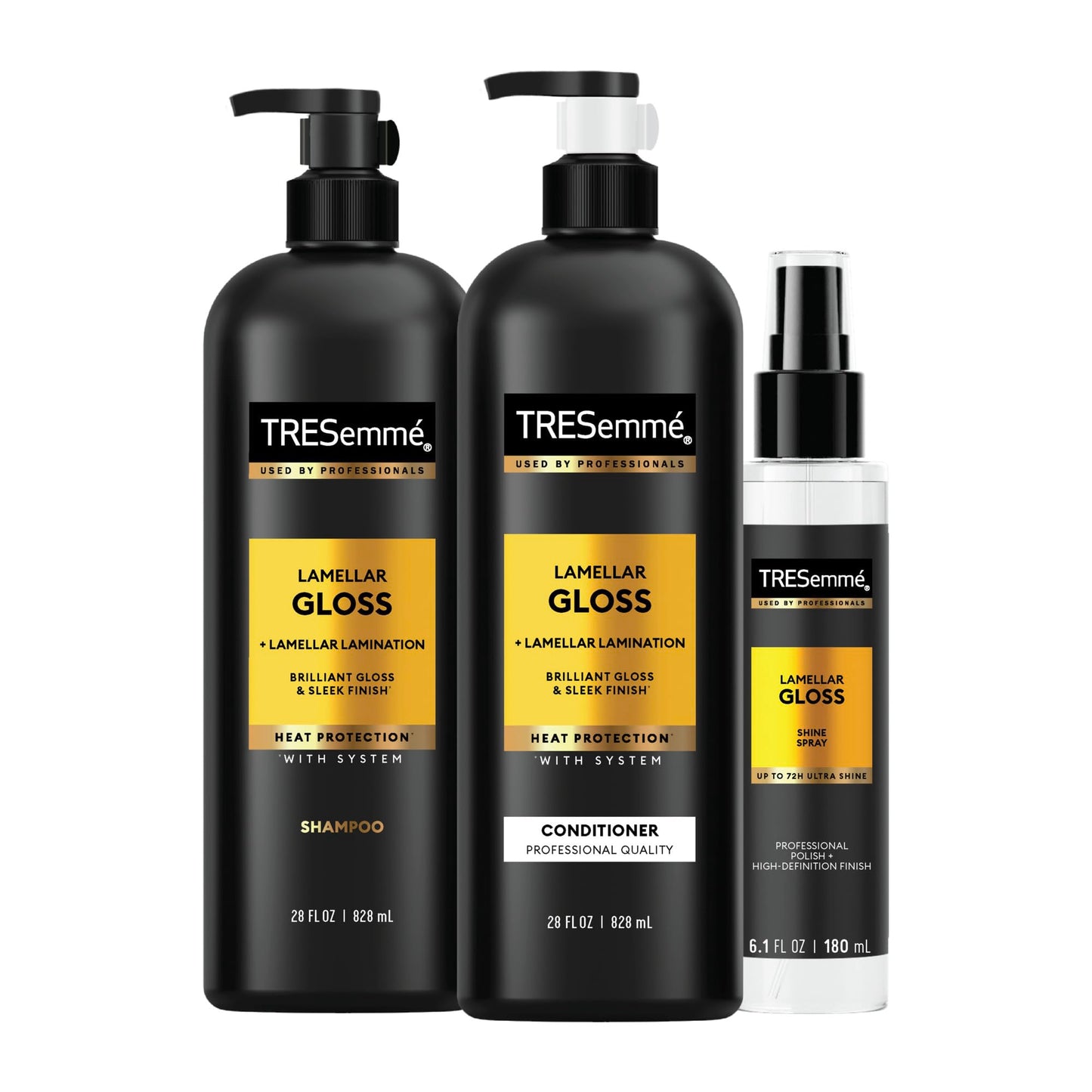 TRESemmé Lamellar Gloss Shampoo, Conditioner and Shine Spray for Brilliant Gloss & Sleek Finish Ultimate Shine with Heat Protection, 3 pack
