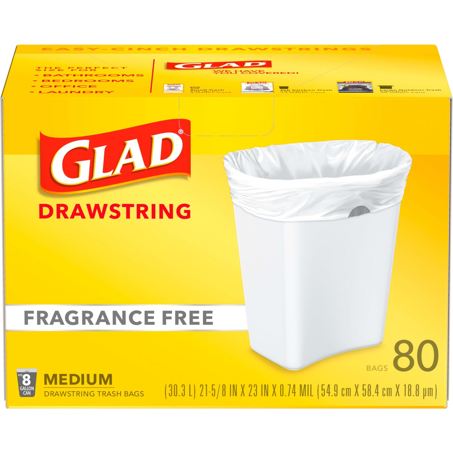 Glad Trash Bags, Medium Drawstring Garbage Bags, 8 Gallon, White, Fragrance Free, 80 Count, Pack May Vary