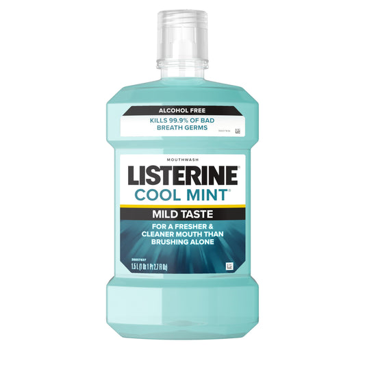Listerine Cool Mint Alcohol Free Mouthwash, Oral Rinse to Kill 99.9% of Germs That Cause Bad Breath for Fresh Breath & Clean Mouth, Less Intense Taste, Cool Mint Flavor, 1.5 L