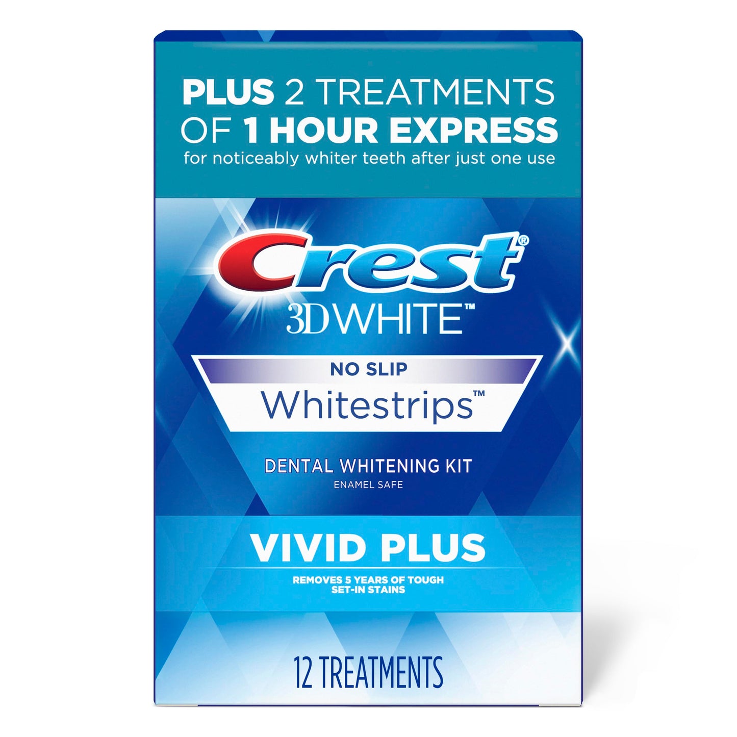 Crest 3DWhitestrips Vivid Plus Whitestrips 3D White, 10 Treatments + 1 Hour Express 2 Treatments Teeth Whitening Kit, 8 Levels Whiter, Crest Teeth Whitening Strips