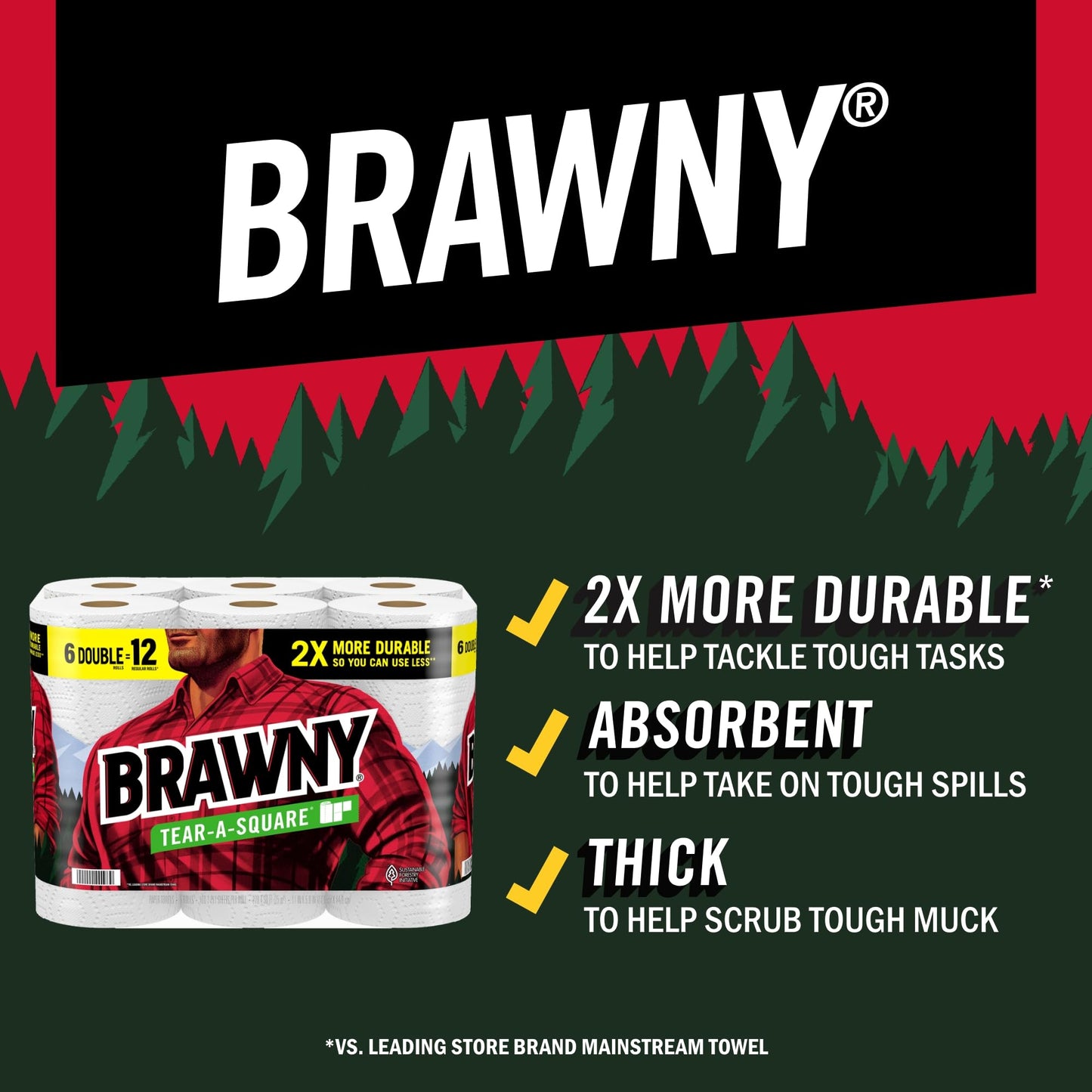 Brawny Tear-A-Square Paper Towels, 2 Double Rolls = 4 Regular Rolls, 3 Sheet Sizes (Quarter, Half, Full), Strength for All Messes, Cleanups, and Meal Prep
