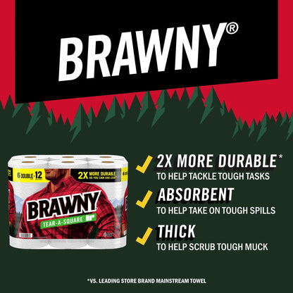 Brawny Tear-A-Square Paper Towels, 2 Double Rolls = 4 Regular Rolls, 3 Sheet Sizes (Quarter, Half, Full), Strength for All Messes, Cleanups, and Meal Prep