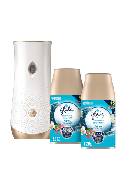 Glade Automatic Spray Refill and Holder Kit, Air Freshener for Home and Bathroom, Aqua Waves, 6.2 Oz, 2 Count