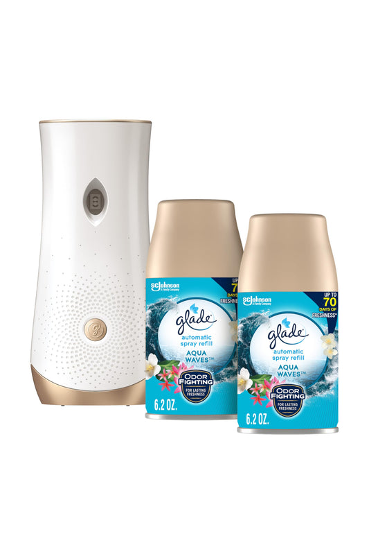 Glade Automatic Spray Refill and Holder Kit, Air Freshener for Home and Bathroom, Aqua Waves, 6.2 Oz, 2 Count