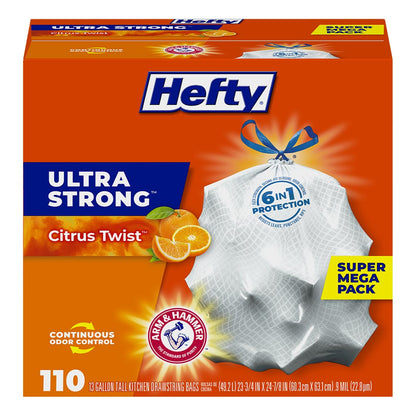 Hefty Ultra Strong 13 Gallon Trash Bags, Tall Kitchen Trash Bags 13 Gallon Size, Drawstring Closure, Continuous Odor Control, White, Citrus Twist Scent, 110 Bags