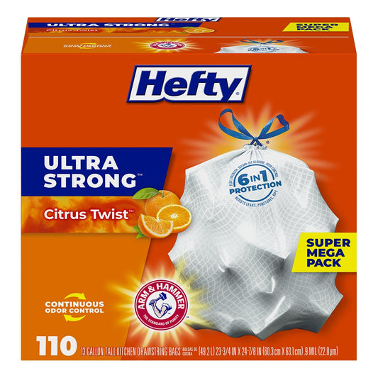 Hefty Ultra Strong 13 Gallon Trash Bags, Tall Kitchen Trash Bags 13 Gallon Size, Drawstring Closure, Continuous Odor Control, White, Citrus Twist Scent, 110 Bags