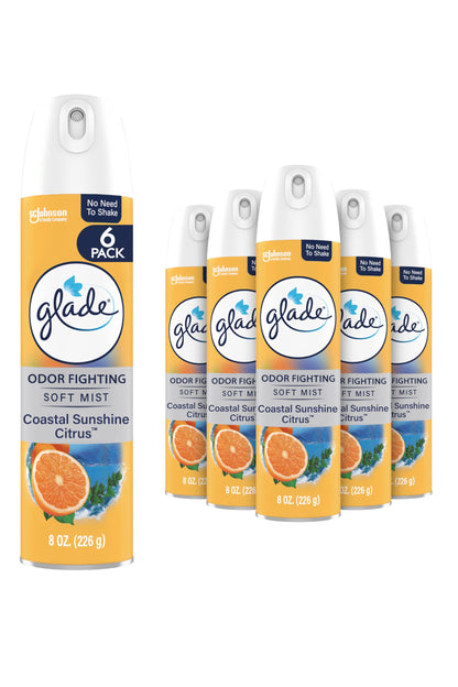 Glade Air Freshener Room Spray, Coastal Sunshine Citrus Scent, Odor Fighting to Deliver Long Lasting Freshness, 8 Oz, 6 Count