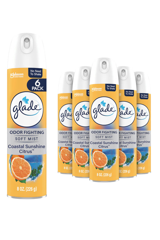 Glade Air Freshener Room Spray, Coastal Sunshine Citrus Scent, Odor Fighting to Deliver Long Lasting Freshness, 8 Oz, 6 Count