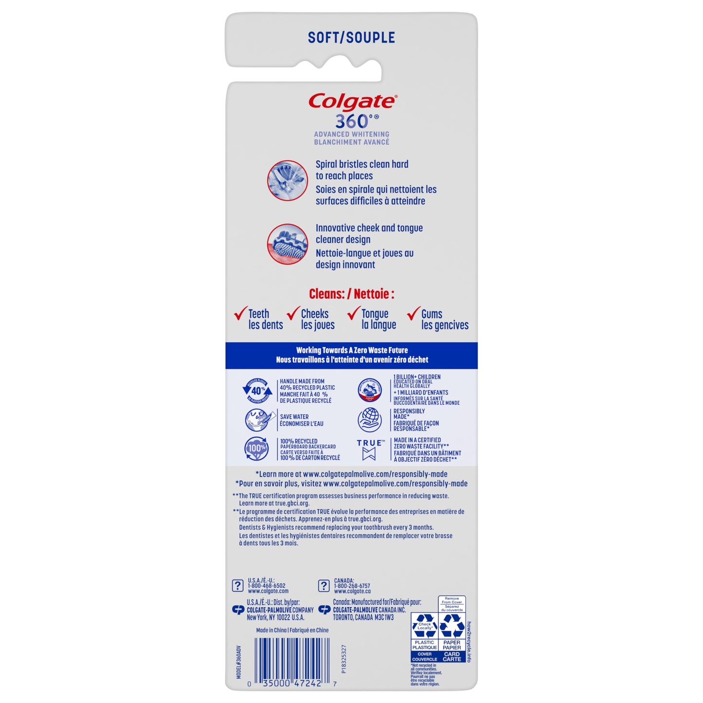 Colgate 360 Advanced Optic White Whitening Toothbrush with Tongue Cleaner, Soft, 4 Count