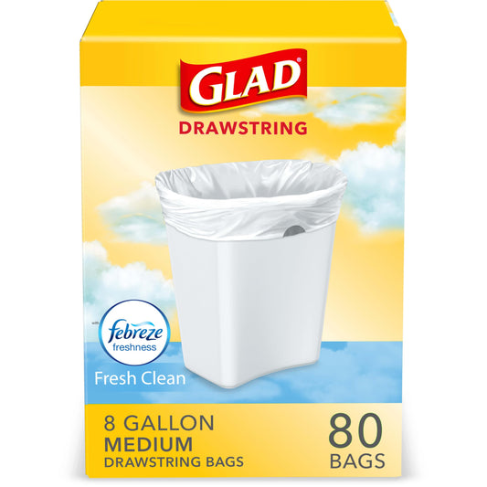 Glad Medium Kitchen Drawstring Trash Bags, 8 Gal, Fresh Clean Scent, 80 Ct (Package May Vary)