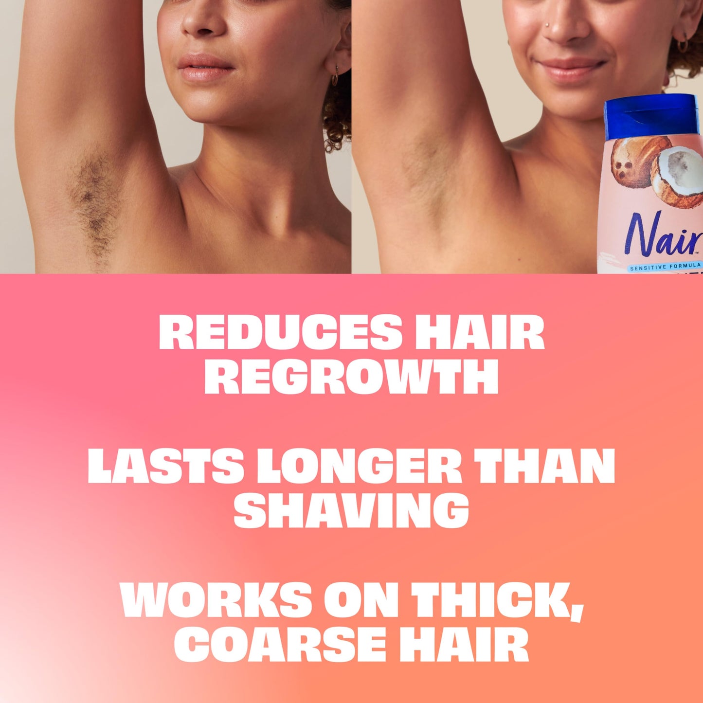 Nair Sensitive Shower Cream Hair Remover with Natural Coconut Oil and Vitamin E, Body Hair Removal Cream, 12 oz