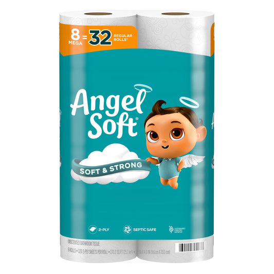 Angel Soft Toilet Paper, 8 Mega Rolls = 32 Regular Rolls, Soft and Strong Toilet Tissue