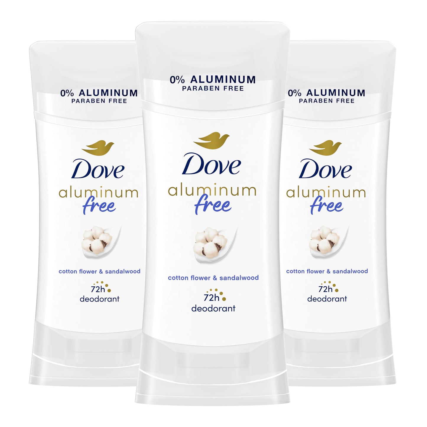 Dove Aluminum Free Deodorant for Women 3 Count Cotton Flower & Sandalwood 72 hour odor protection 2.6 oz