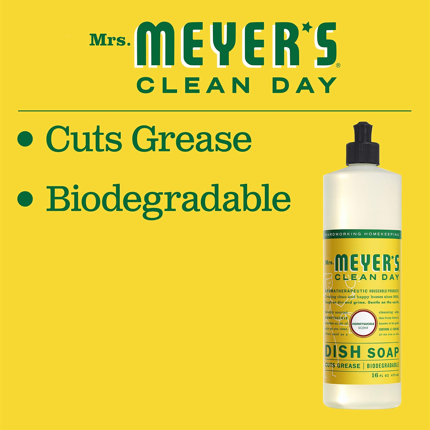 MRS. MEYER'S CLEAN DAY Liquid Dish Soap, Biodegradable Formula, Honeysuckle, 16 fl. oz - Pack of 3