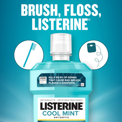 Listerine Cool Mint Antiseptic Mouthwash to Kill 99% of Germs That Cause Bad Breath, Plaque and Gingivitis, Cool Mint Flavor, 1 L 2-Pack