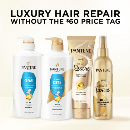 Pantene Shampoo & Conditioner Set, Classic Clean - Pro-V Nutrients for Dry, Color-Treated Hair, Healthy Looking Hair Every Wash, Antioxidant-Rich, 52.8 Oz Total + Miracle Rescue Shot (0.5 Oz)