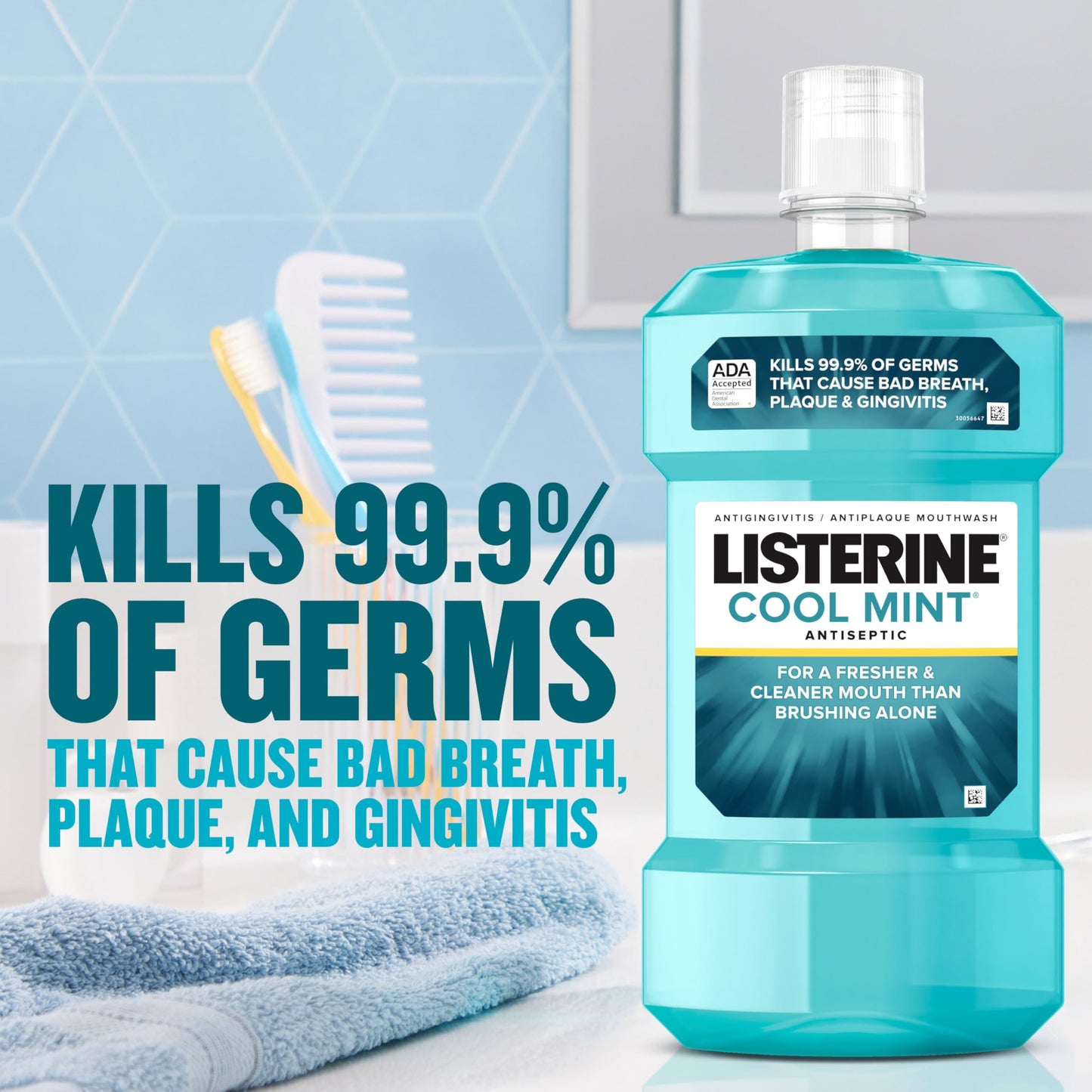 Listerine Cool Mint Antiseptic Mouthwash to Kill 99% of Germs That Cause Bad Breath, Plaque and Gingivitis, Cool Mint Flavor, 1 L 2-Pack