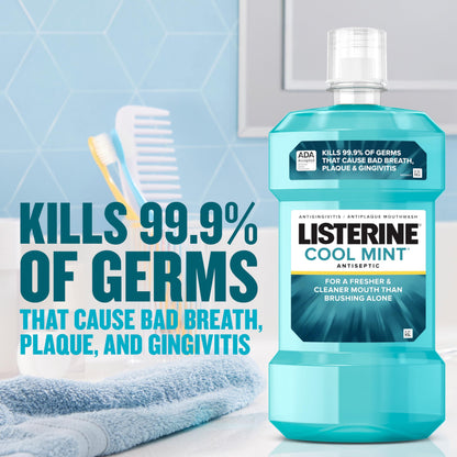 Listerine Cool Mint Antiseptic Mouthwash to Kill 99% of Germs That Cause Bad Breath, Plaque and Gingivitis, Cool Mint Flavor, 1 L 2-Pack