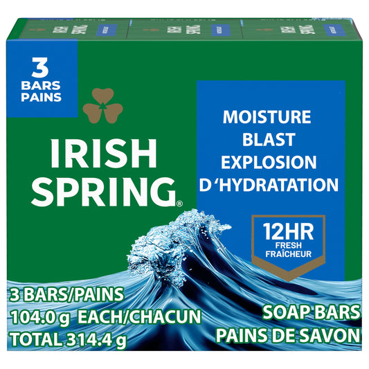 Irish Spring Bar Soap for Men, Moisture Blast, 3.7 Oz, 24 Pack